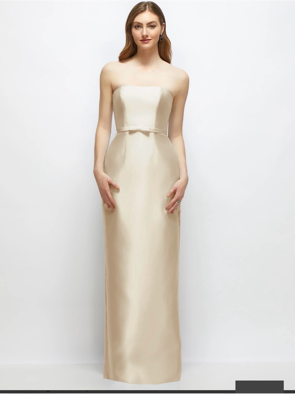 Dessy Strapless Satin Evening Dress in Champagne